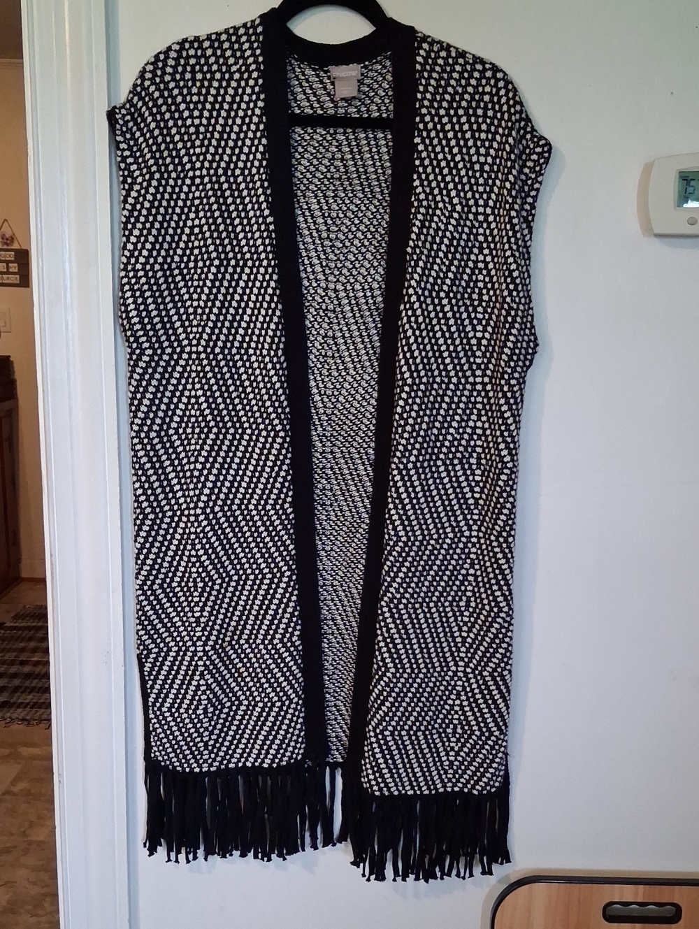 Chico's Black and White Fringed Open-Front Knit Duster